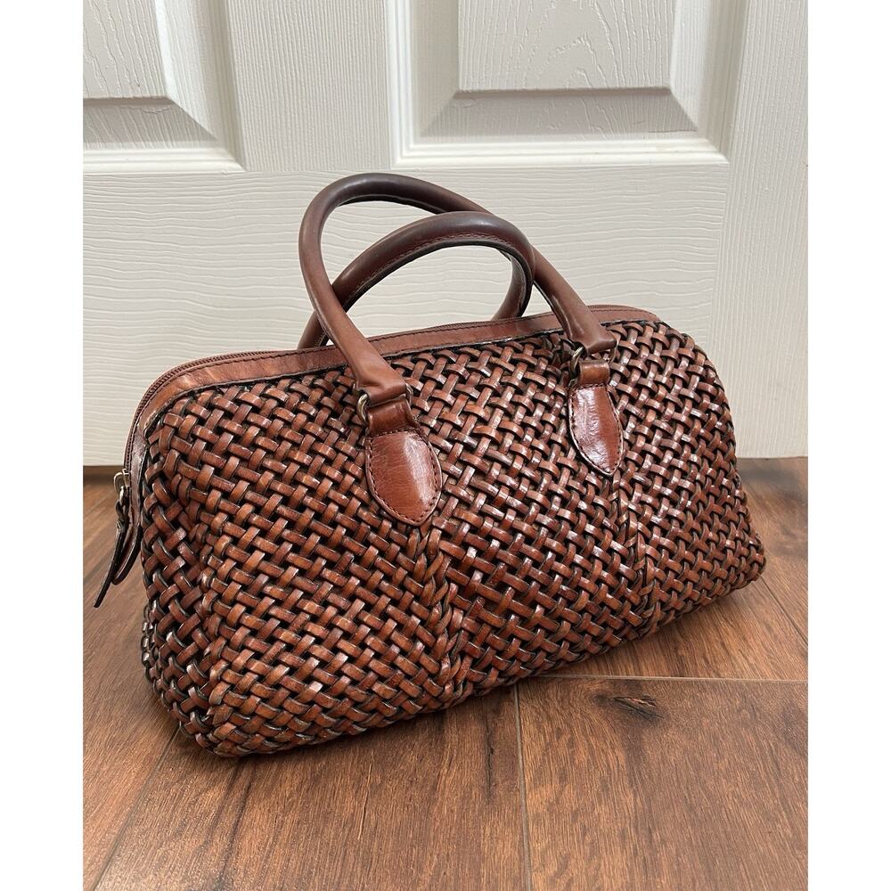 TALBOTS Vintage Brown Leather Woven Zip Top Handle Doctor's Bag Purse Satchel - Picture 9 of 15